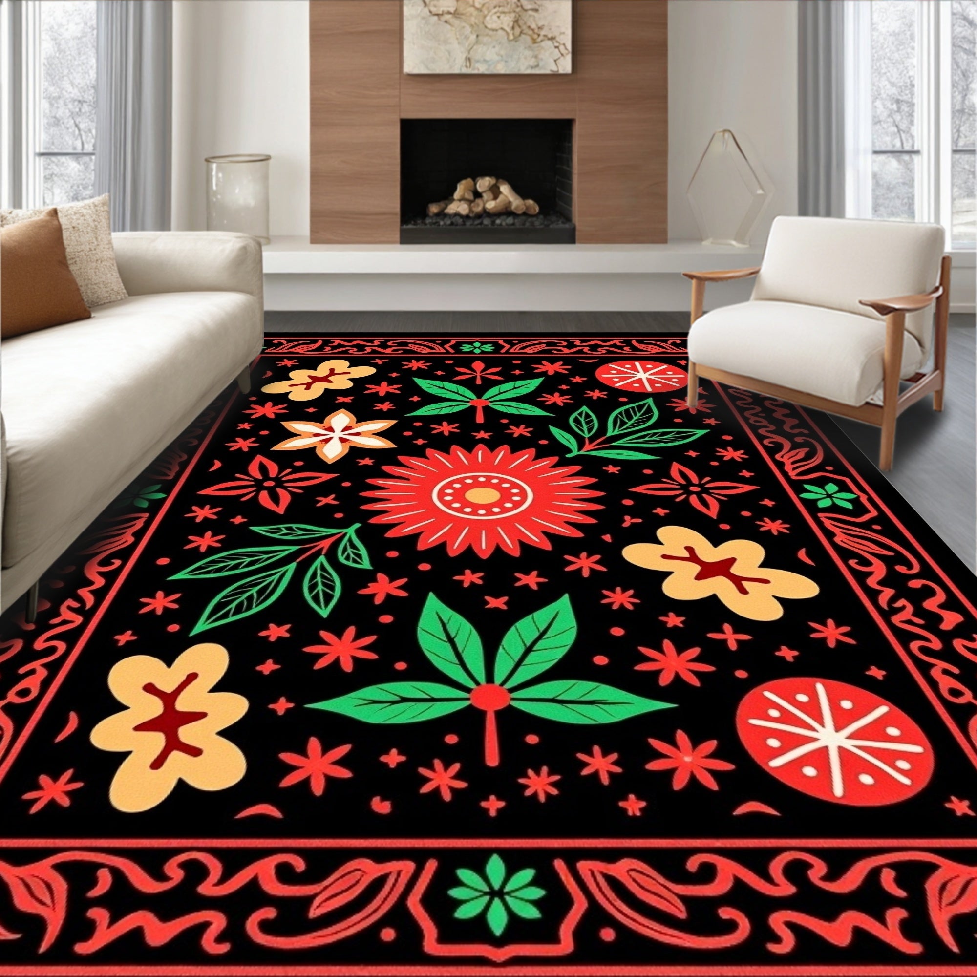 Folk Art Floral Scarlet Yellow Rug