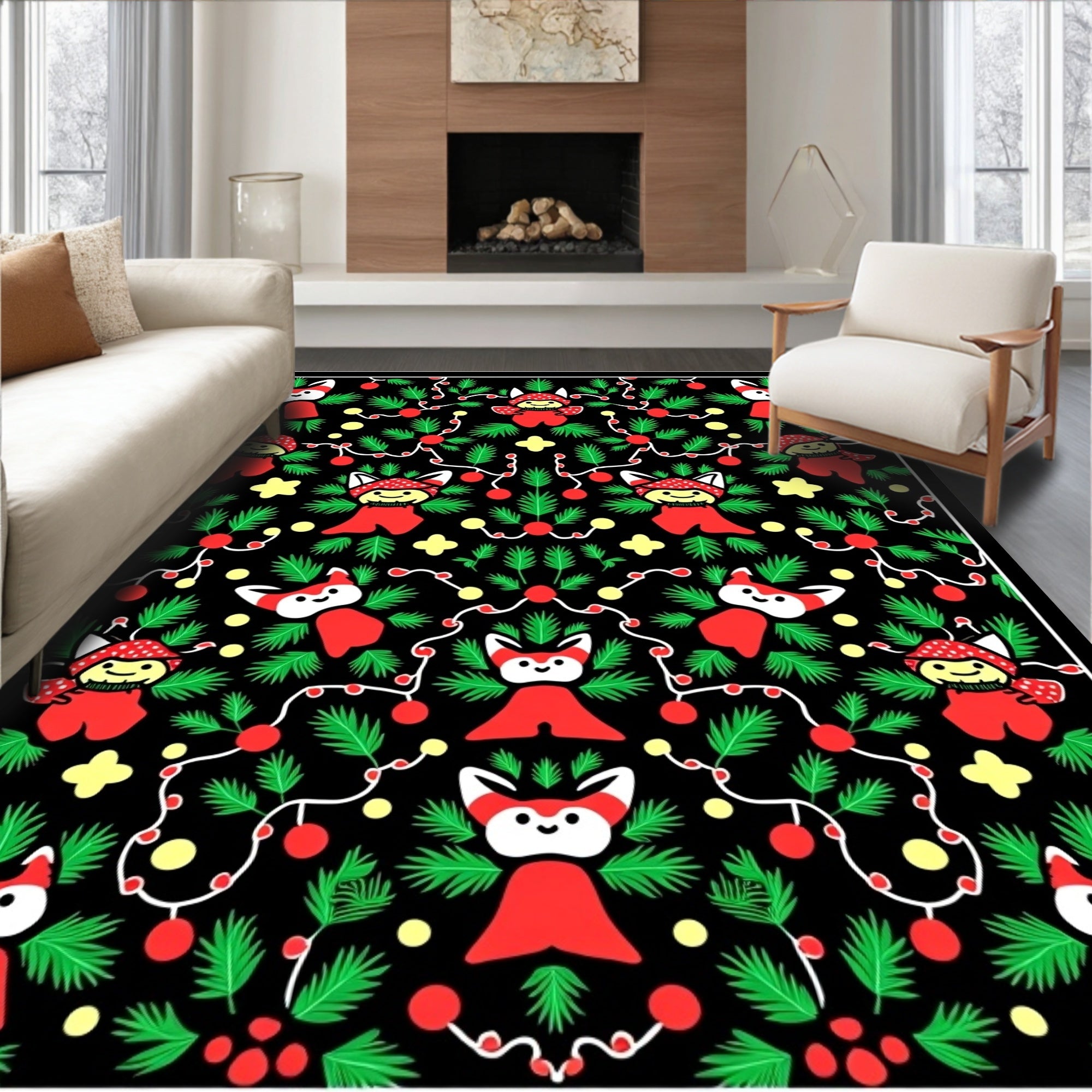 Cute Red Fox Christmas Garland Rug