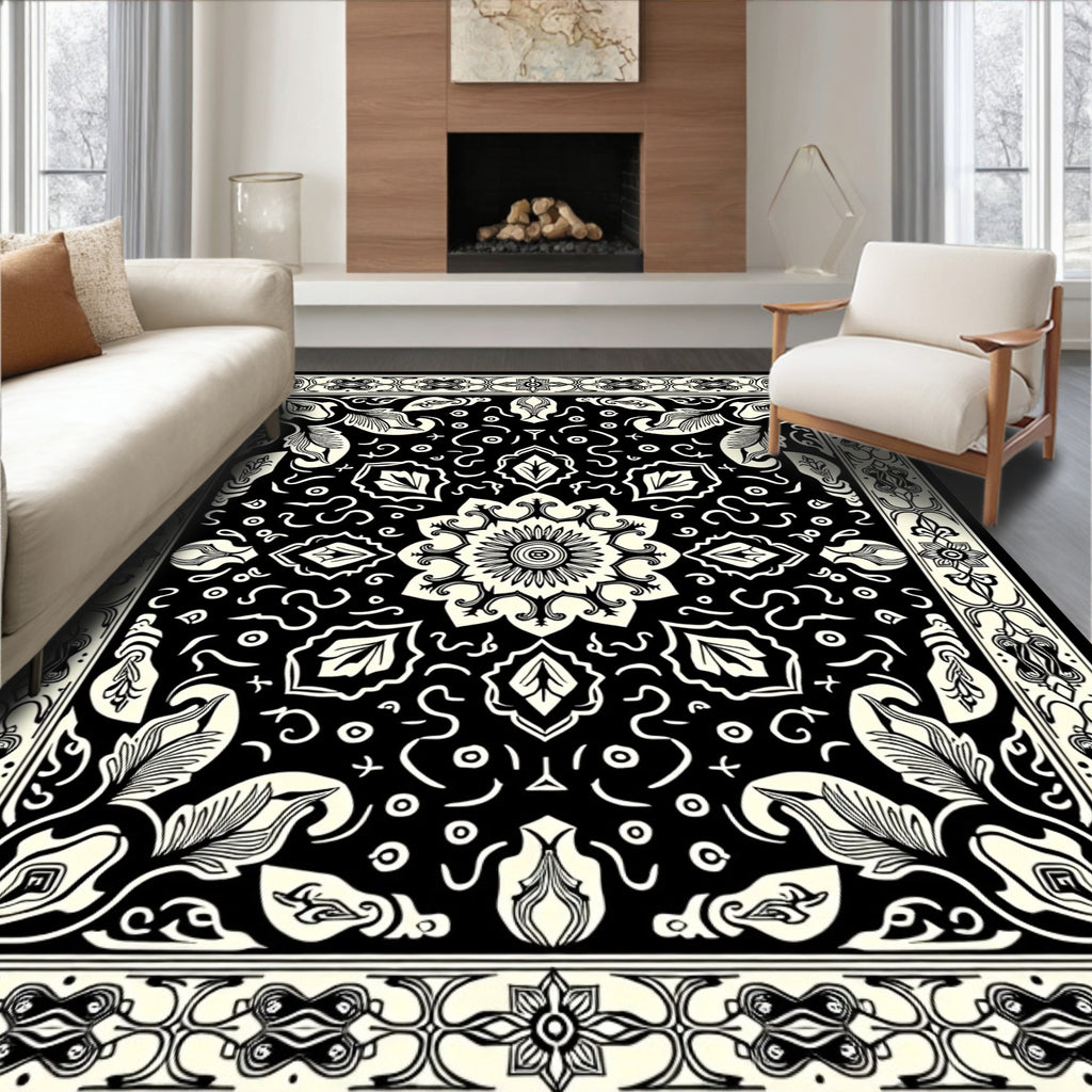 Black Cream Mandala Floral Border Rug