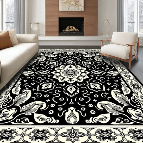 Black Cream Mandala Floral Border Rug