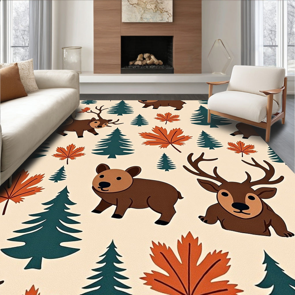 Cute Woodland Wildlife Maple Leaf Forest Rug