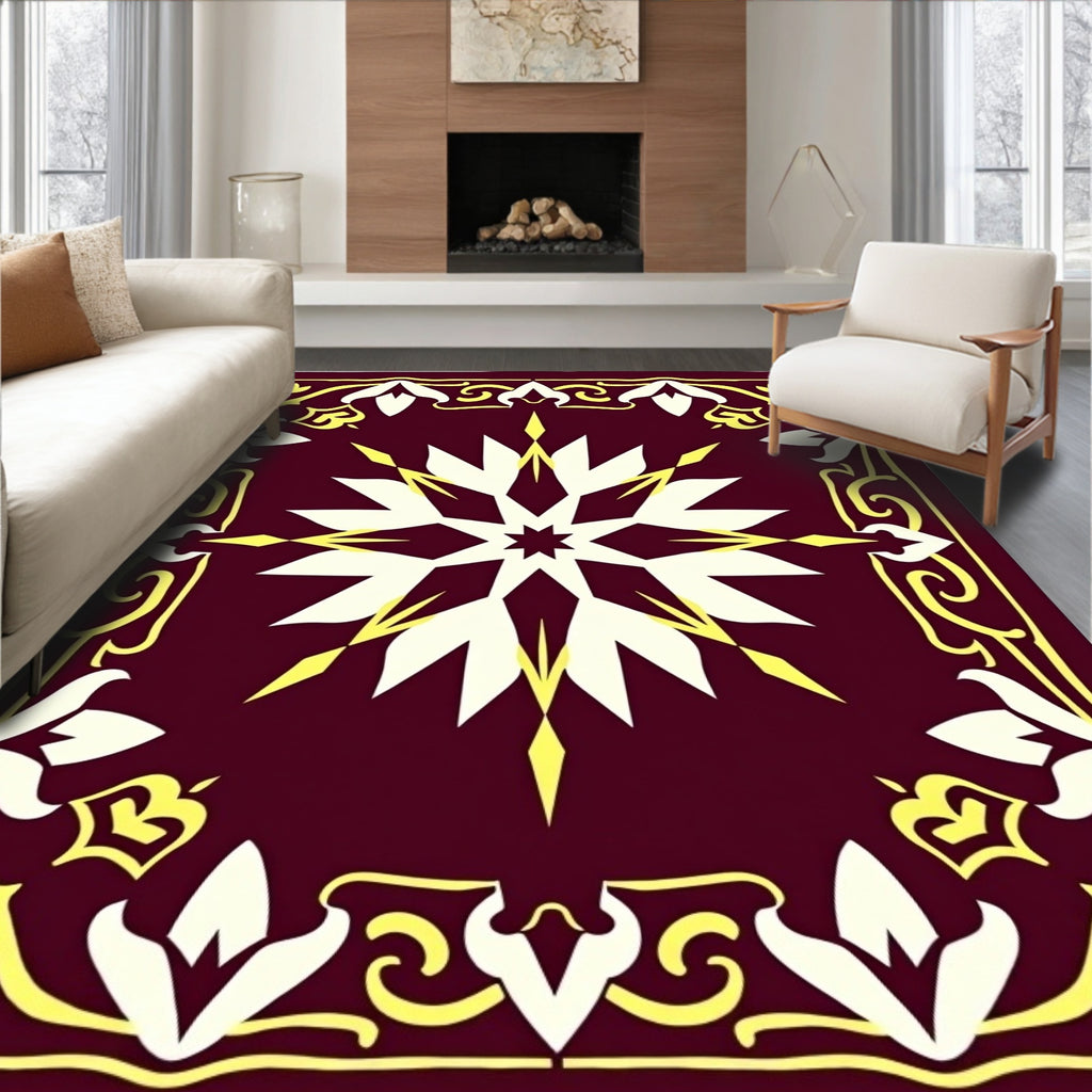 Deep Red Starburst Floral Edged Rug