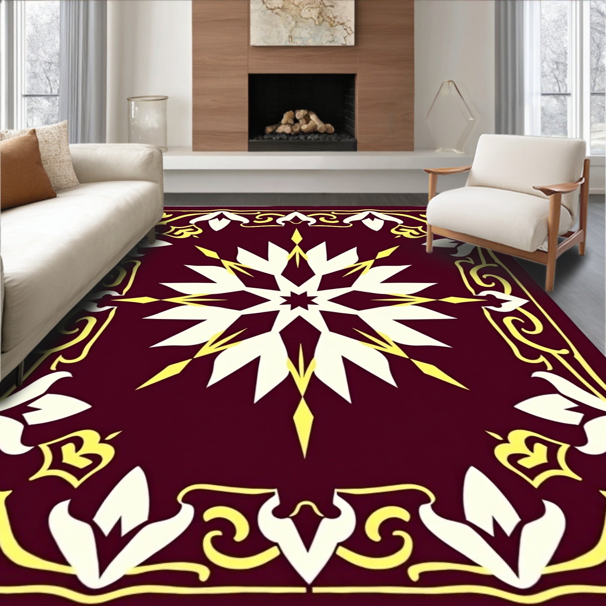 Deep Red Starburst Floral Edged Rug