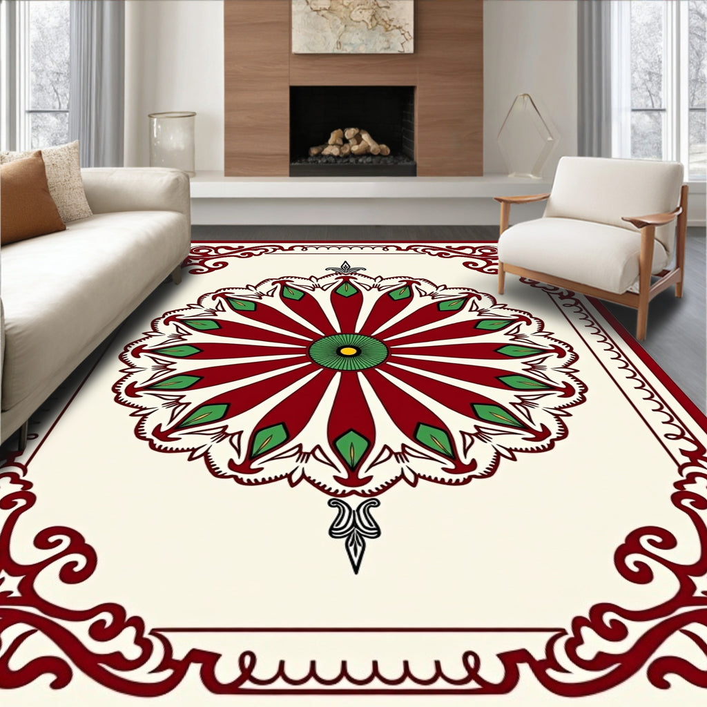 Rich Red Green Bloom Round Frame Rug