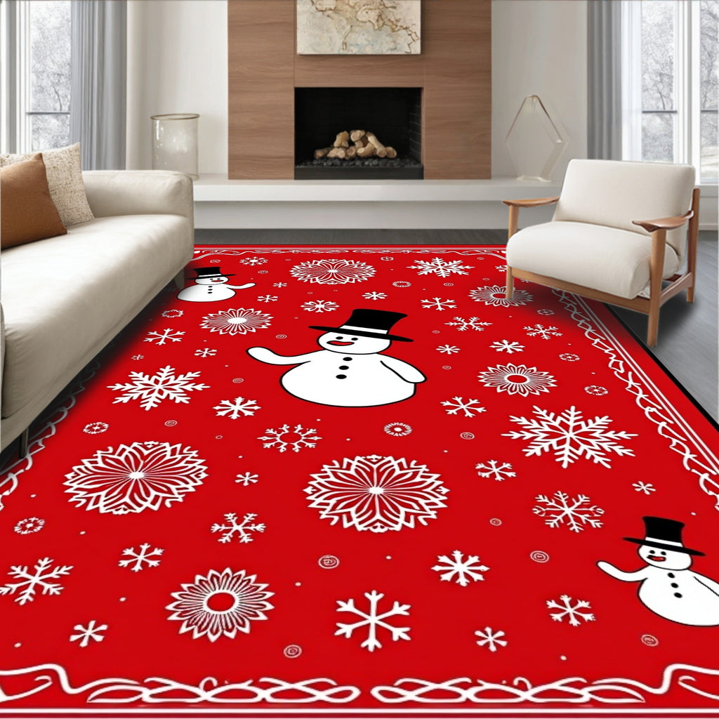Whimsical Snowman Red Snowflake Rug