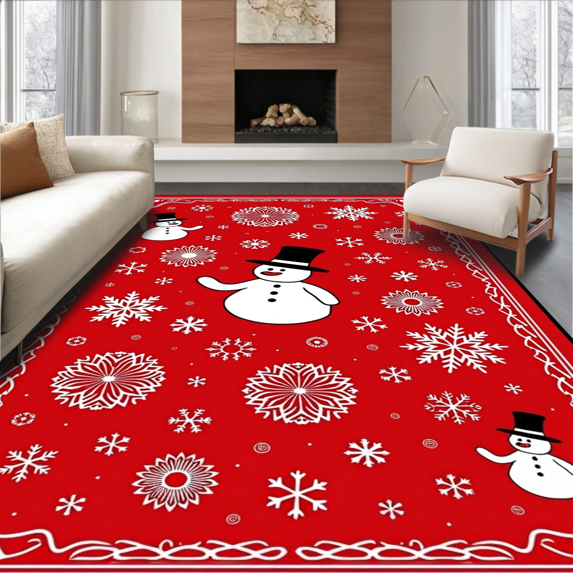 Whimsical Snowman Red Snowflake Rug