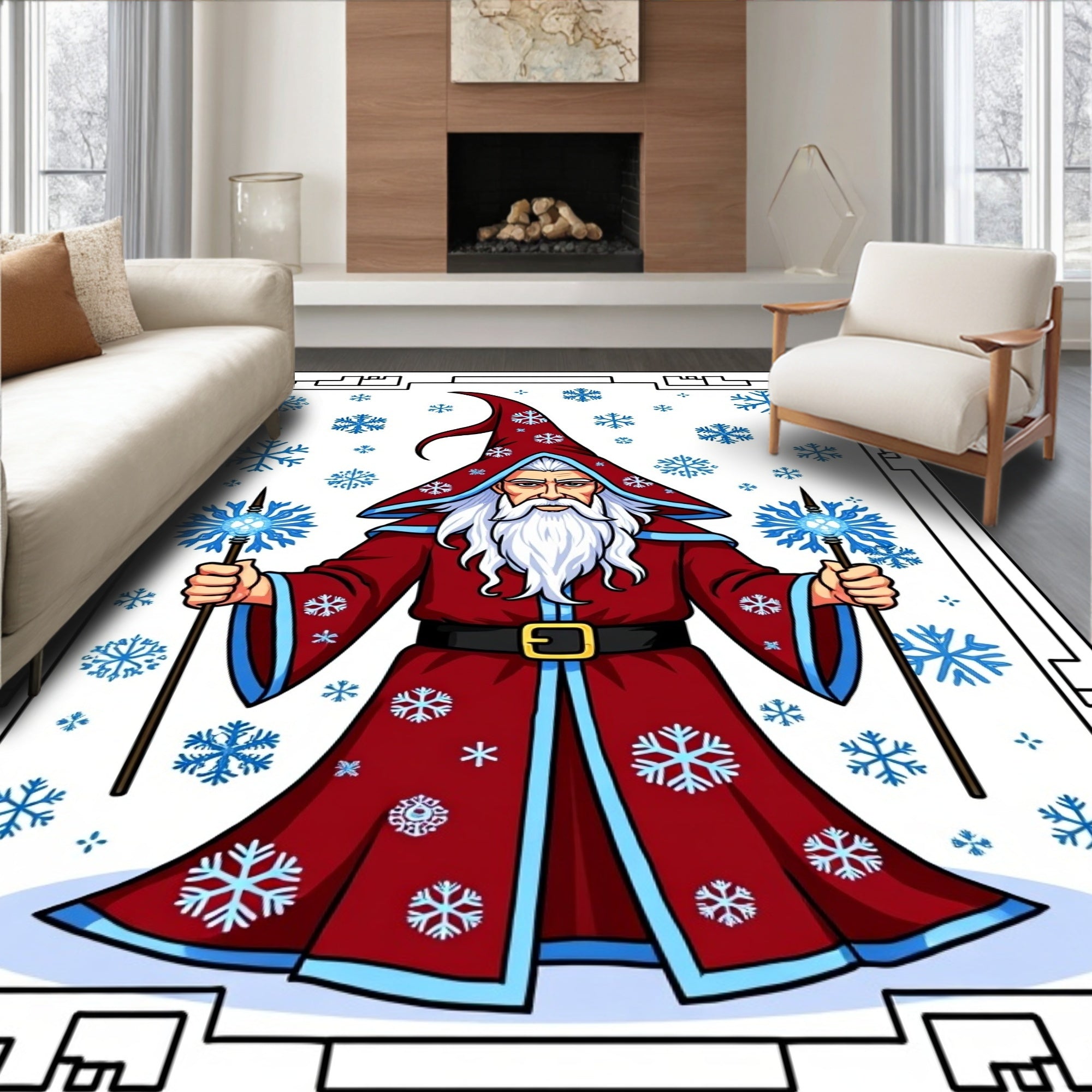 Mystical Snow Wizard Red Blue Snowflakes Rug