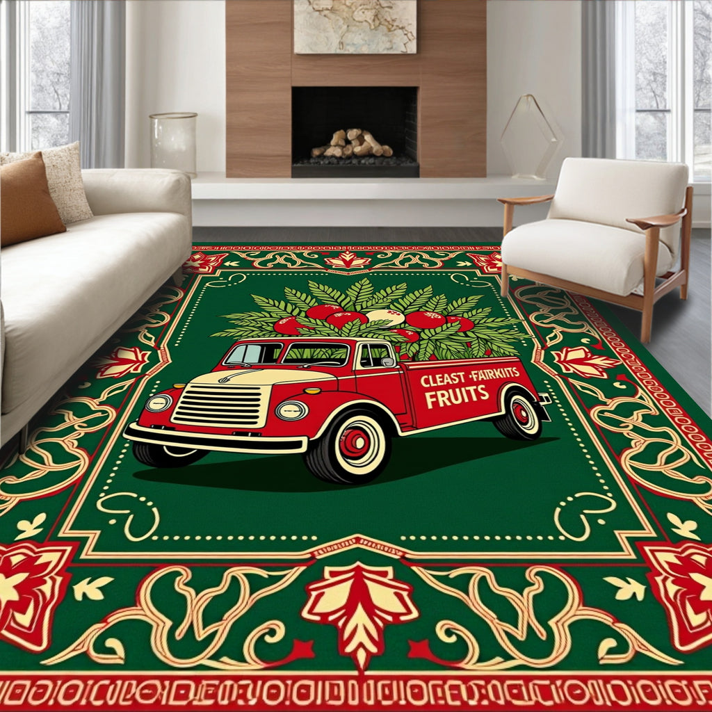 Vintage Festive Red Truck Fruit Border Rug