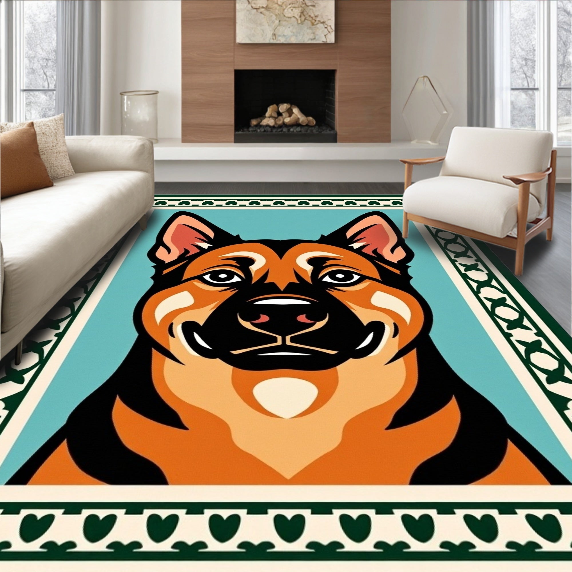 Vibrant German Shepherd Portrait Border Rug