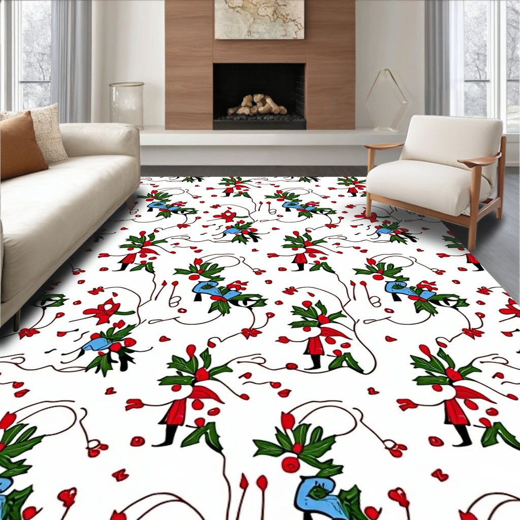 Whimsical Red Blue Floral Holiday Swirls Rug