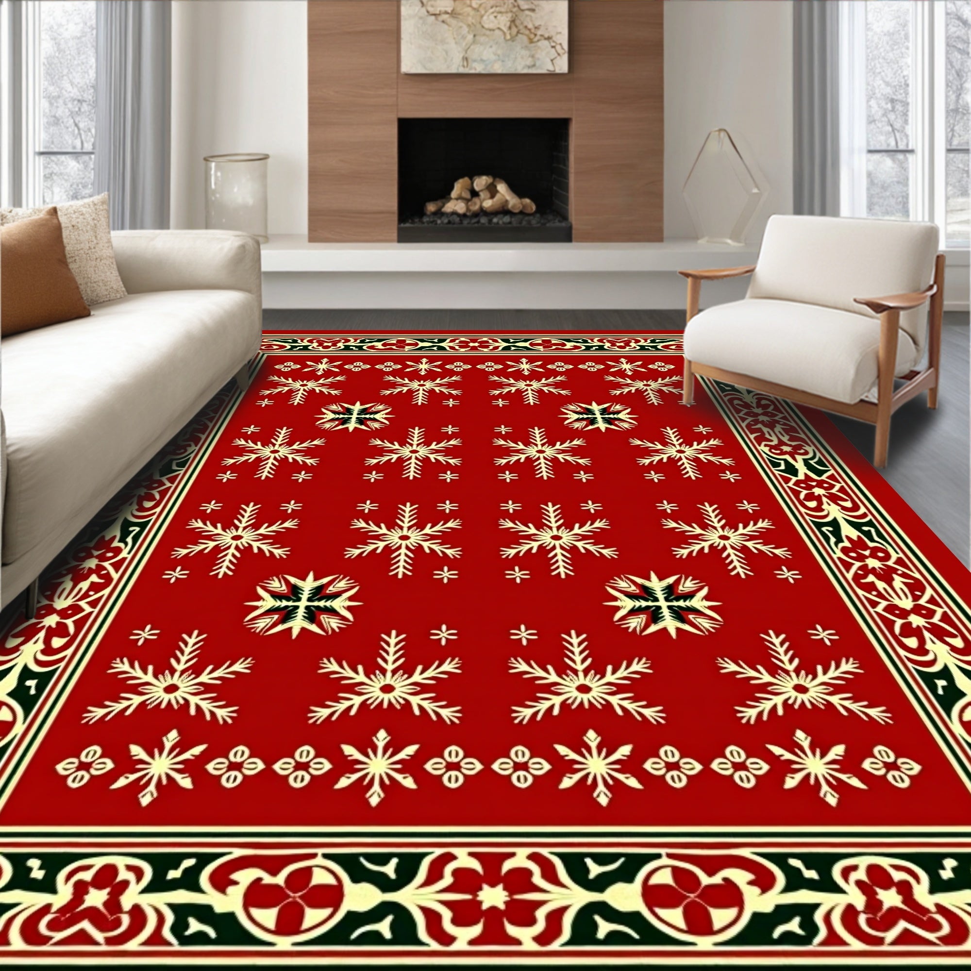 Red Snowflake Border Art Rug