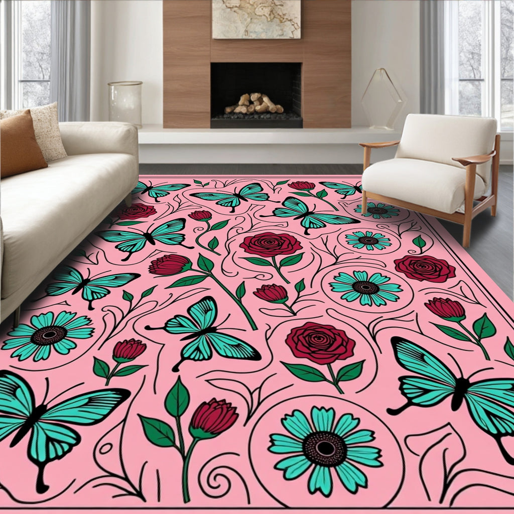 Pink Turquoise Butterfly Rose Garden Rug