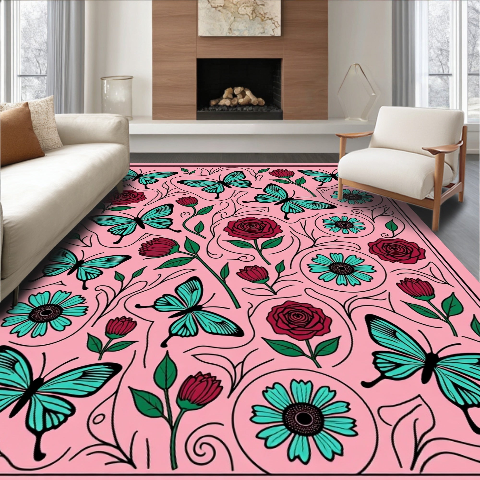 Pink Turquoise Butterfly Rose Garden Rug