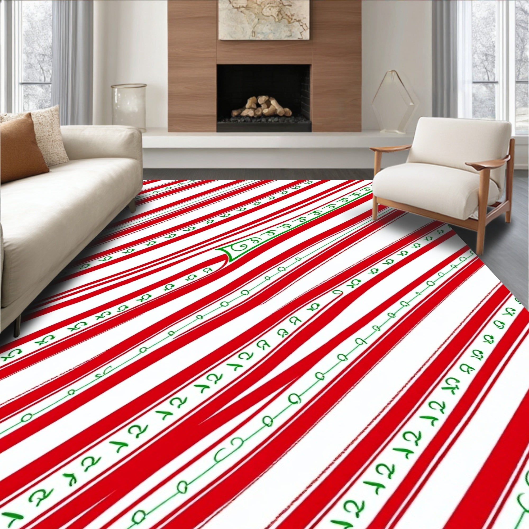 Red Green White Striped Swirl Rug