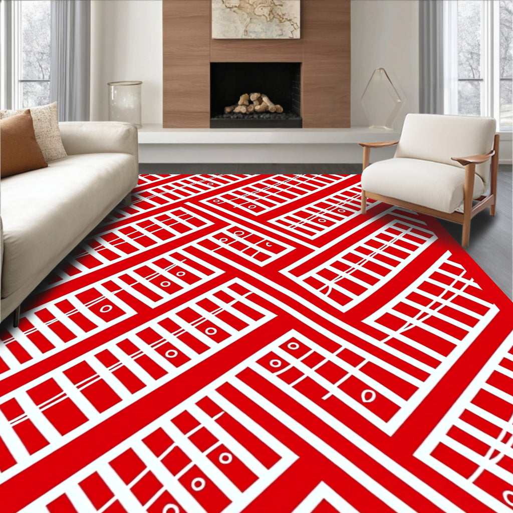 Bold Red White Geometric Herringbone Rug