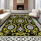 Black Floral Medallion Yellow Border Rug