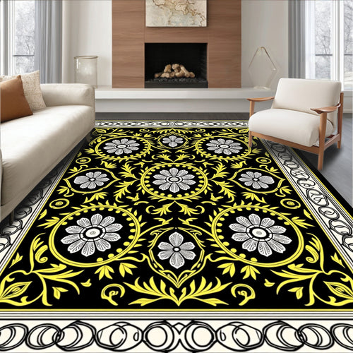 Black Floral Medallion Yellow Border Rug