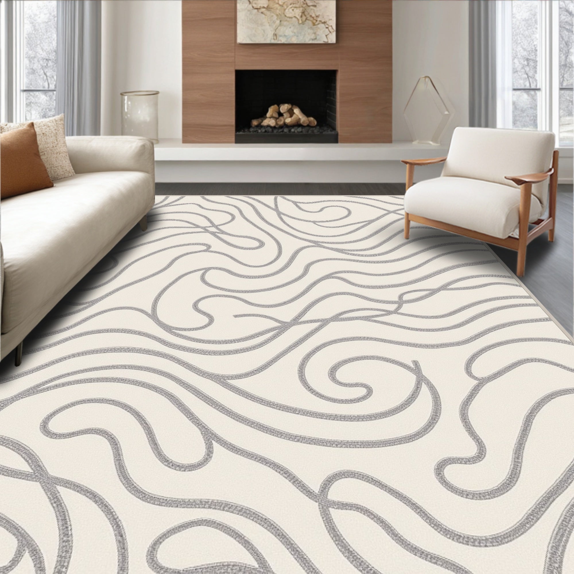 Minimalist Cream Abstract Swirl Rug
