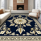 Ornate Golden Floral Sunburst Navy Rug