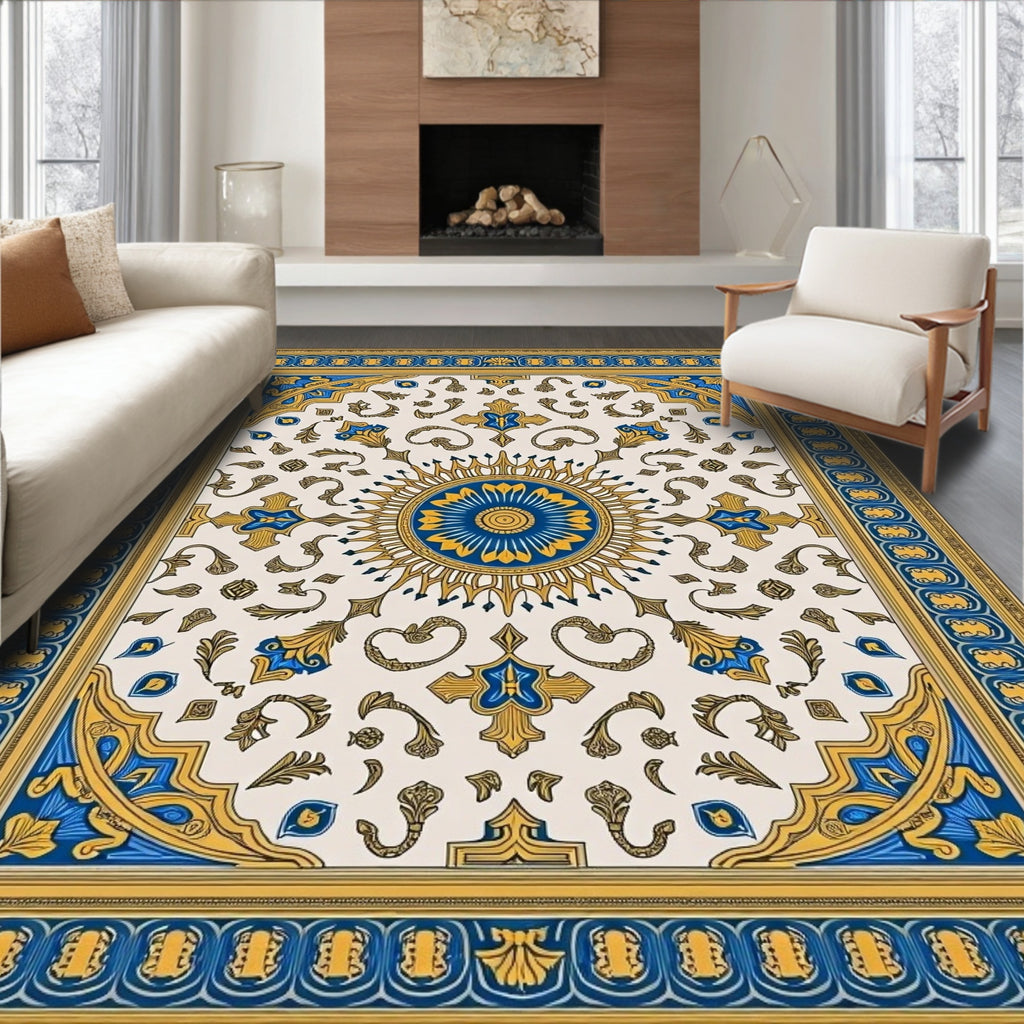 Vintage Blue Gold Sunburst Medallion Rug