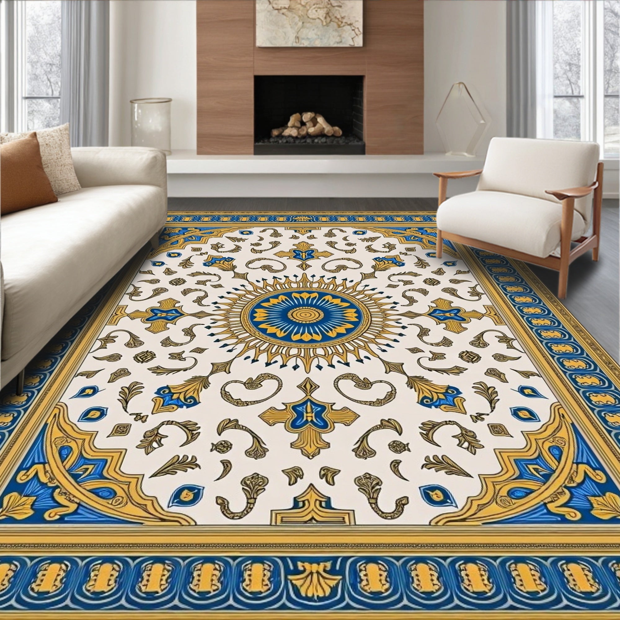 Vintage Blue Gold Sunburst Medallion Rug
