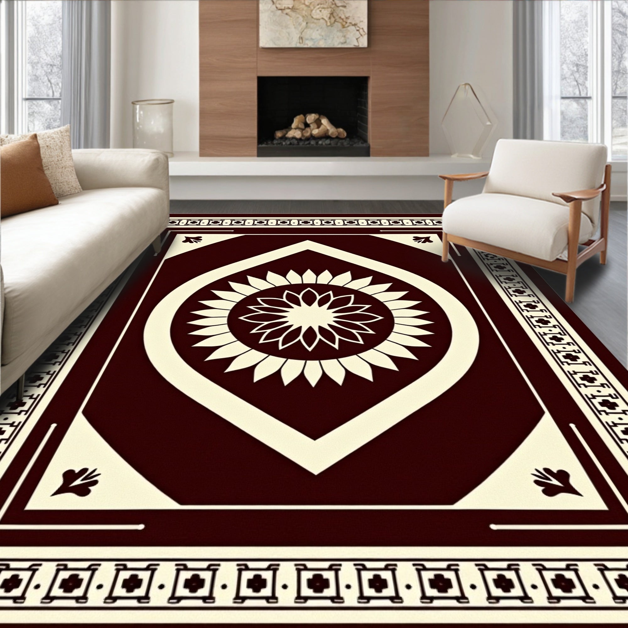 Deep Burgundy Floral Diamond Medallion Rug