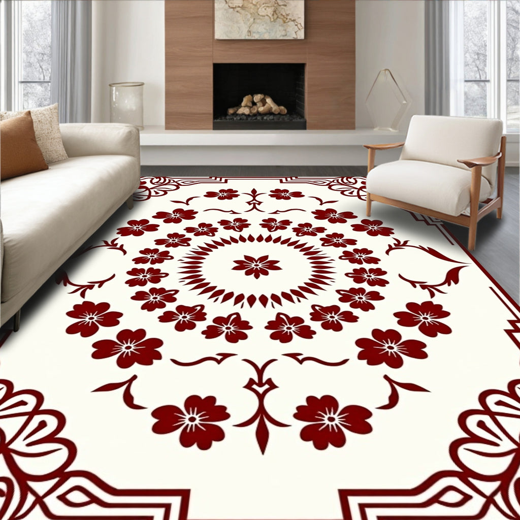 Deep Red Floral Medallion Frame Rug