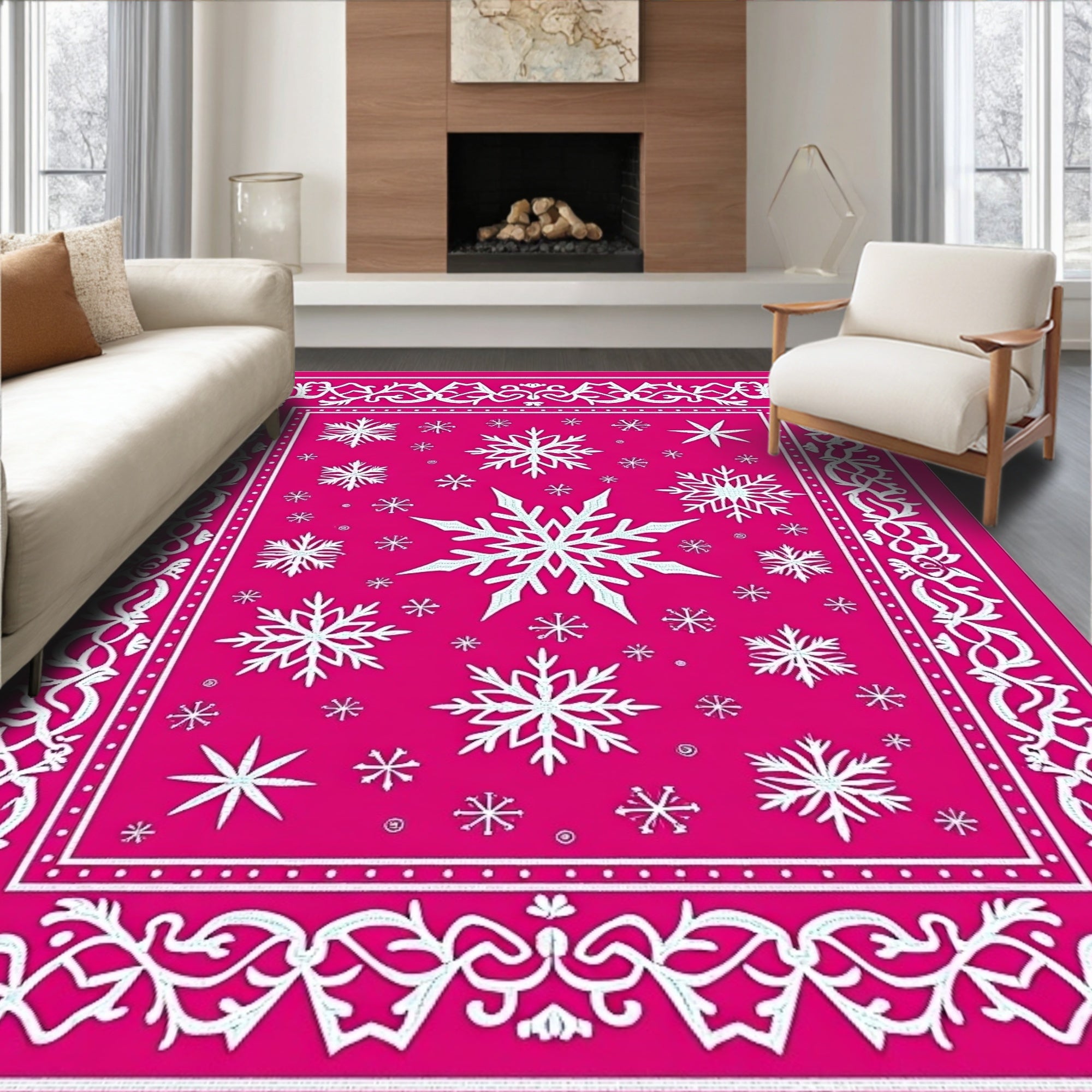 Fuchsia Snowflakes Border Medallion Rug