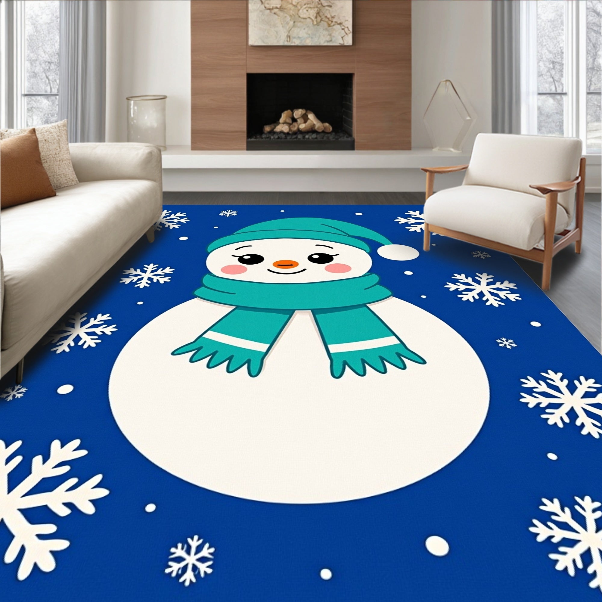 Charming Blue Snowman Snowflake Scene Rug
