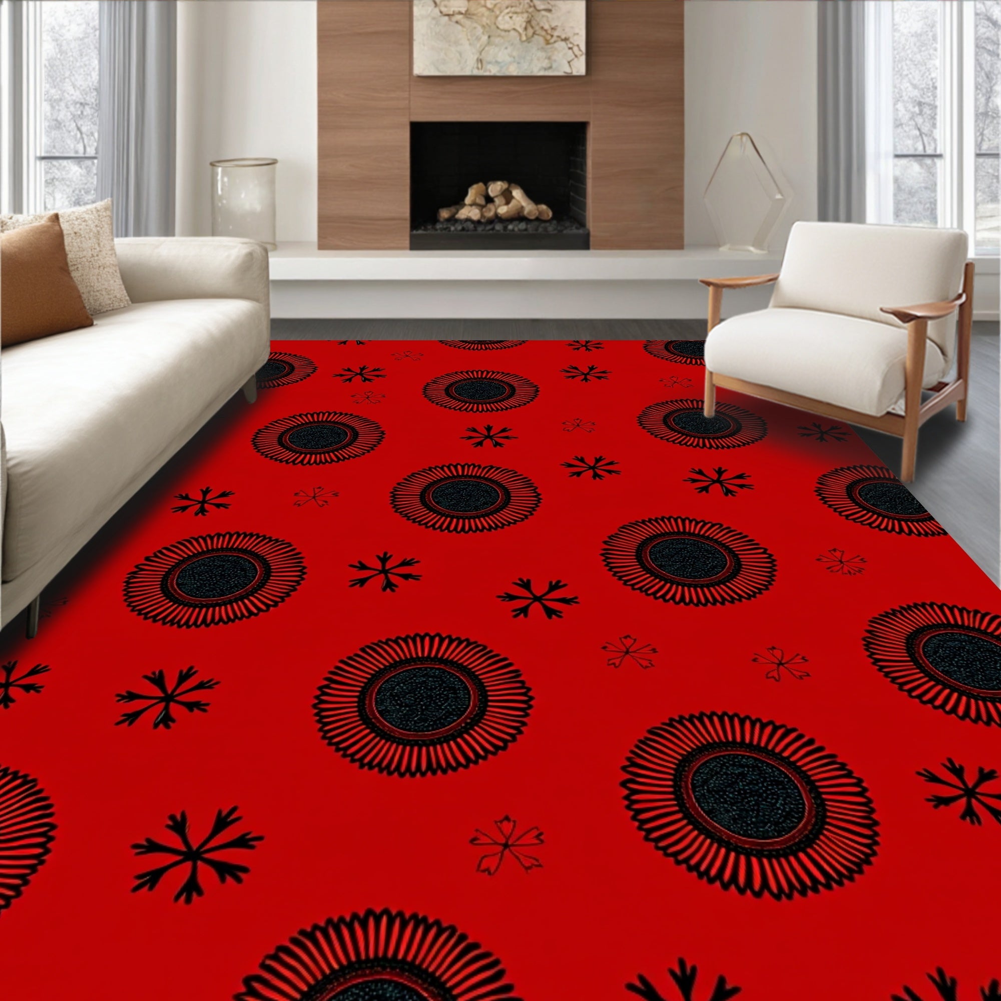 Crimson Sunburst Floral Scatter Rug