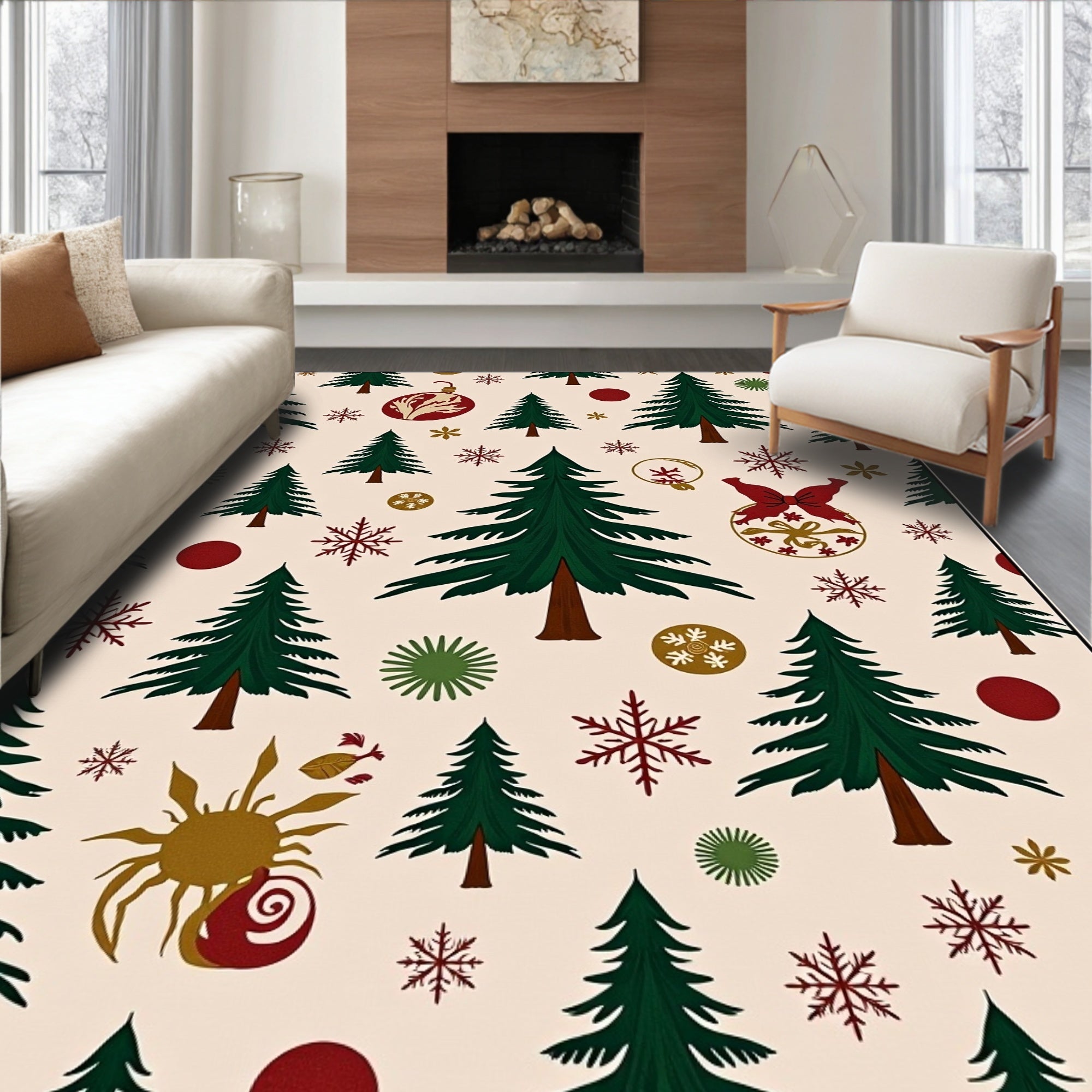 Festive Evergreen Trees and Ornaments Rug