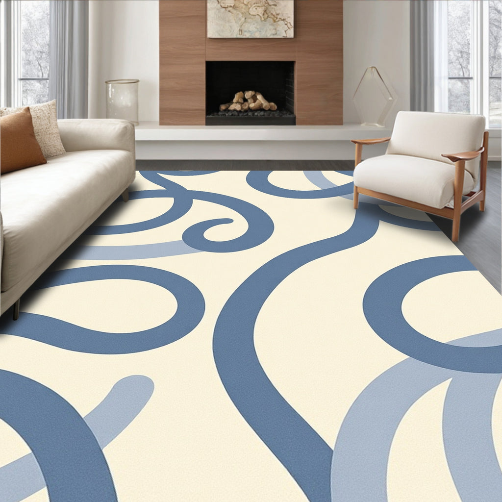 Cream And Blues Swirl Abstract Rug