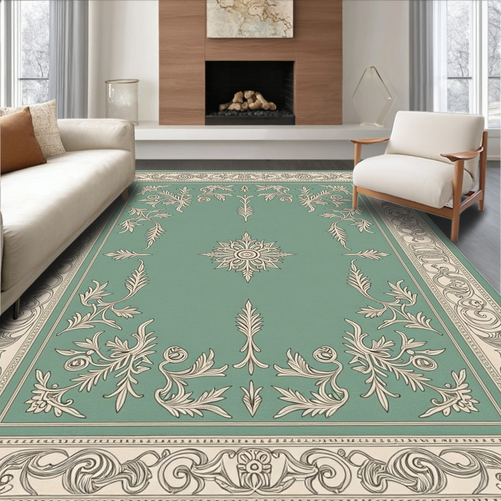 Vintage Teal Floral Scrollwork Medallion Rug
