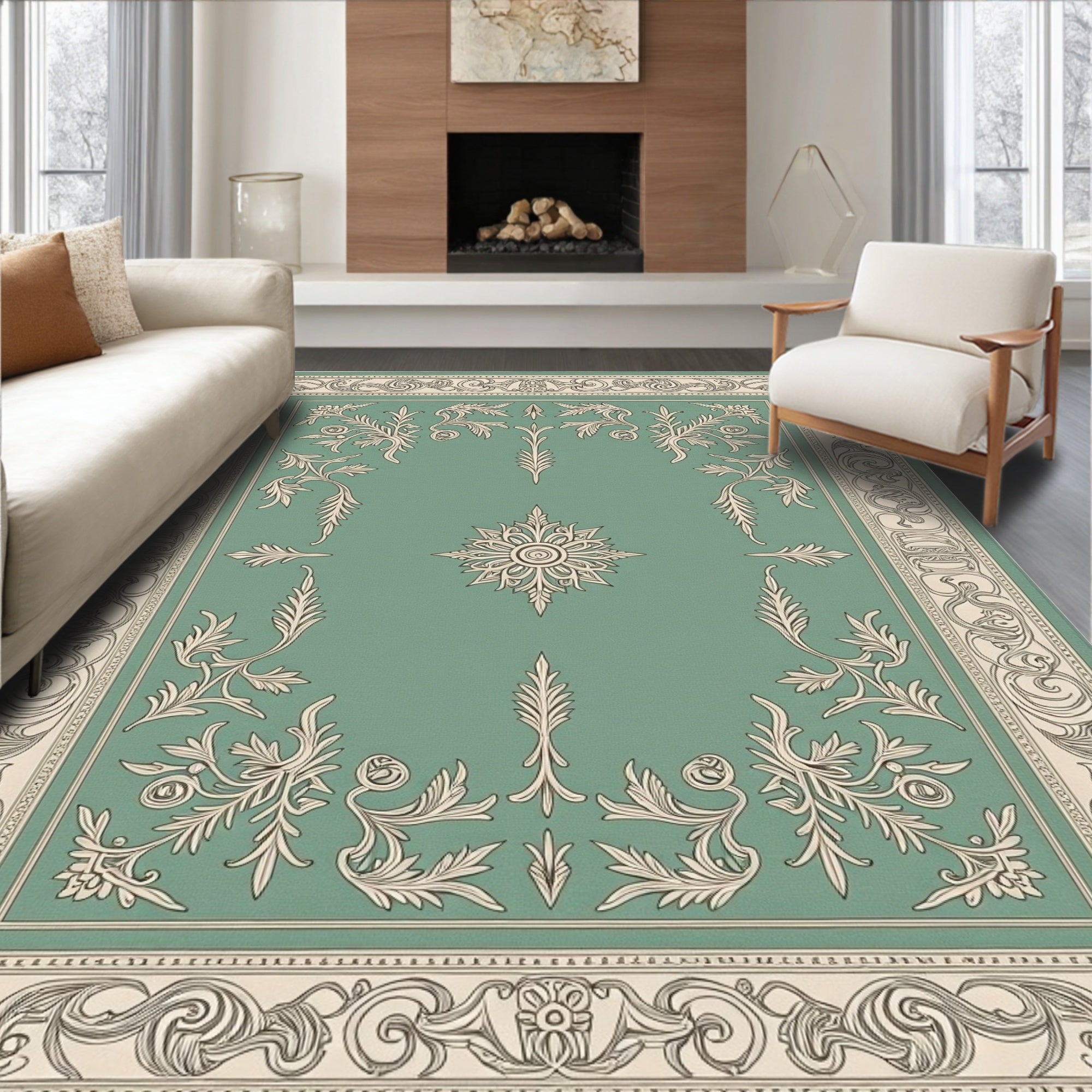 Vintage Teal Floral Scrollwork Medallion Rug