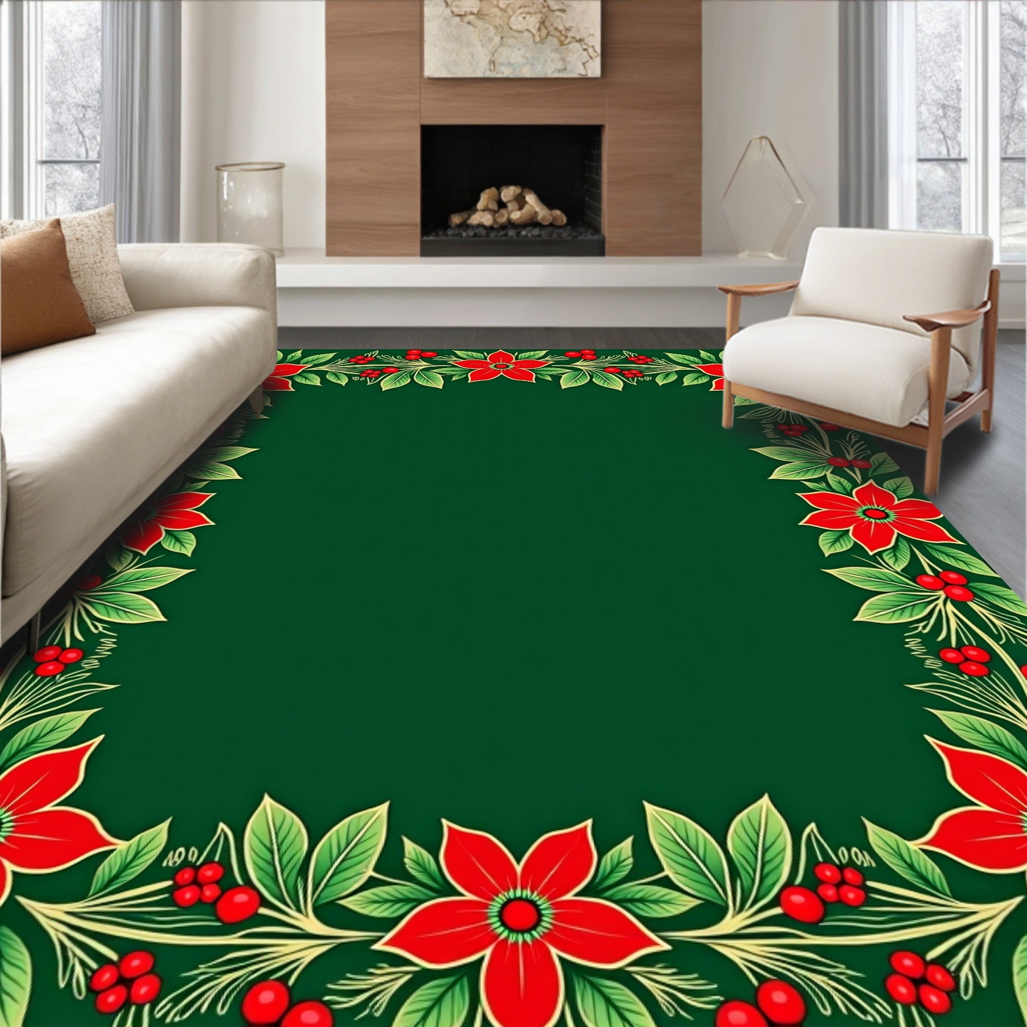 Festive Red Poinsettia Garland Vine Rug