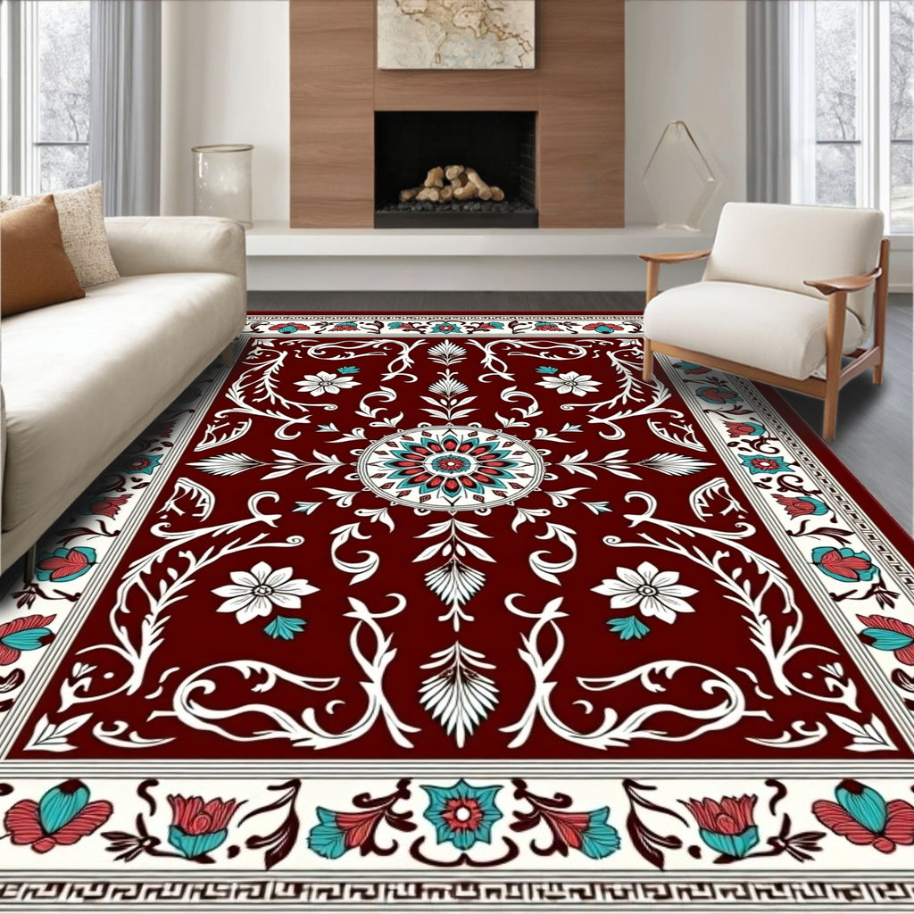 Crimson Floral Medallion Ivory Border Rug