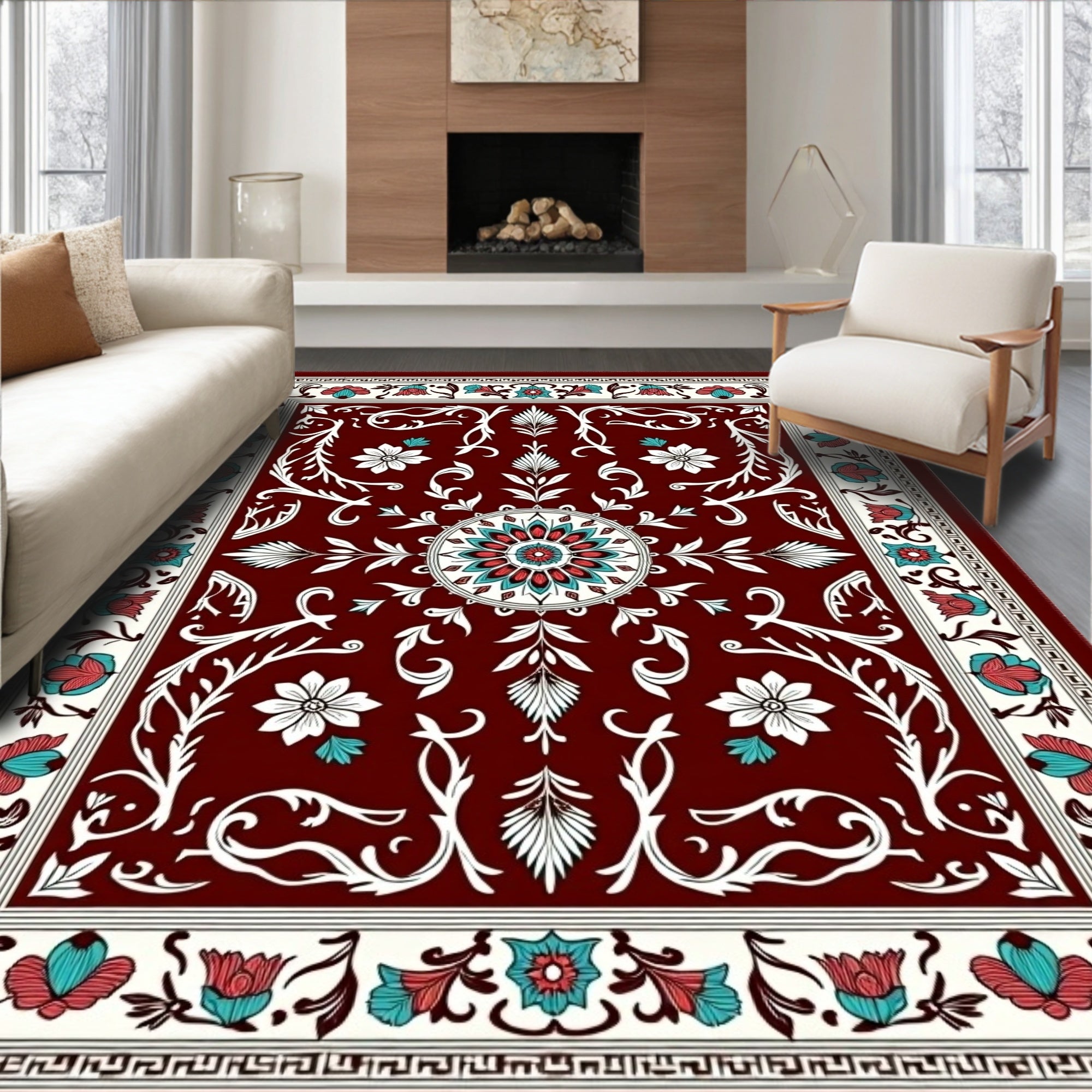 Crimson Floral Medallion Ivory Border Rug
