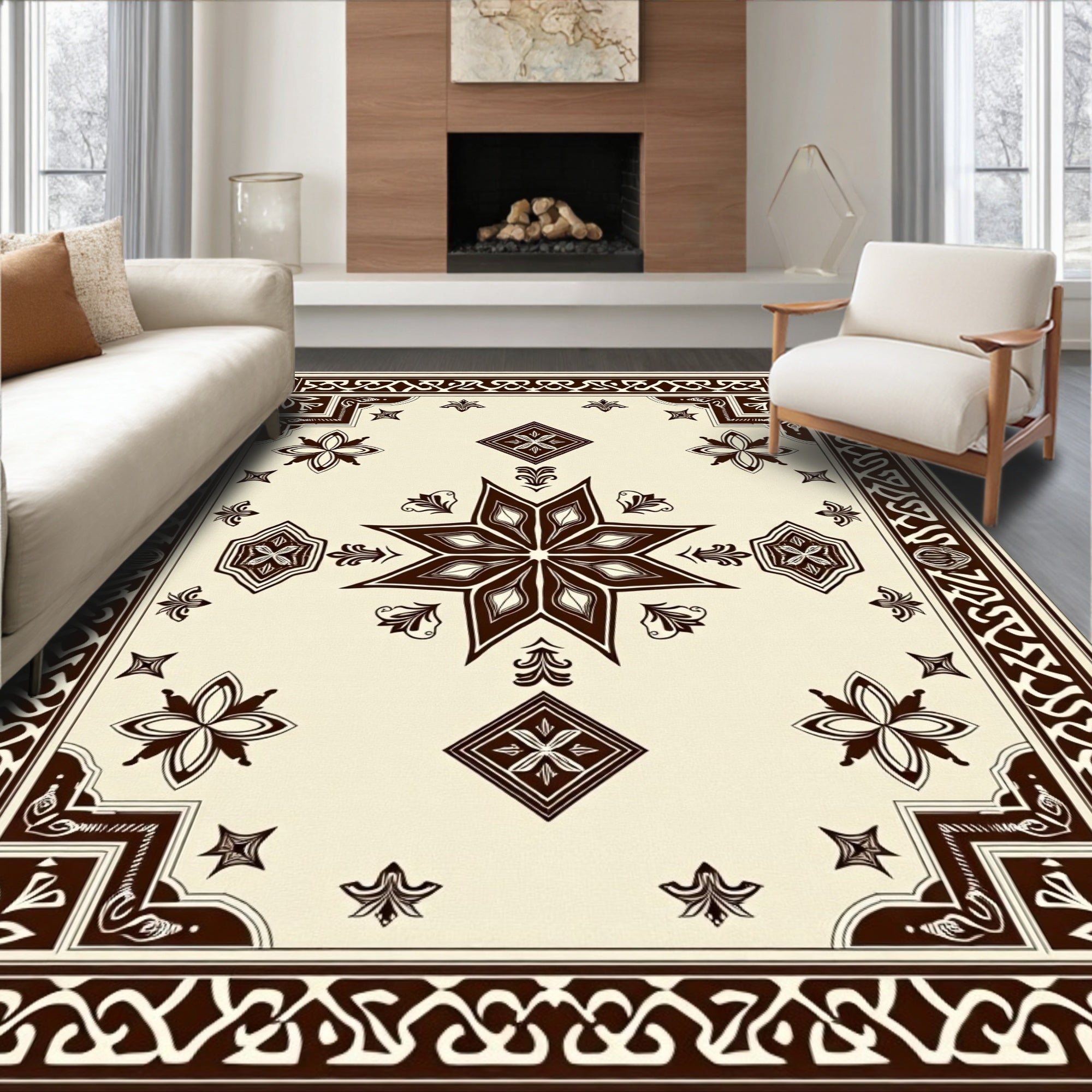 Ornate Brown Star and Floral Border Rug