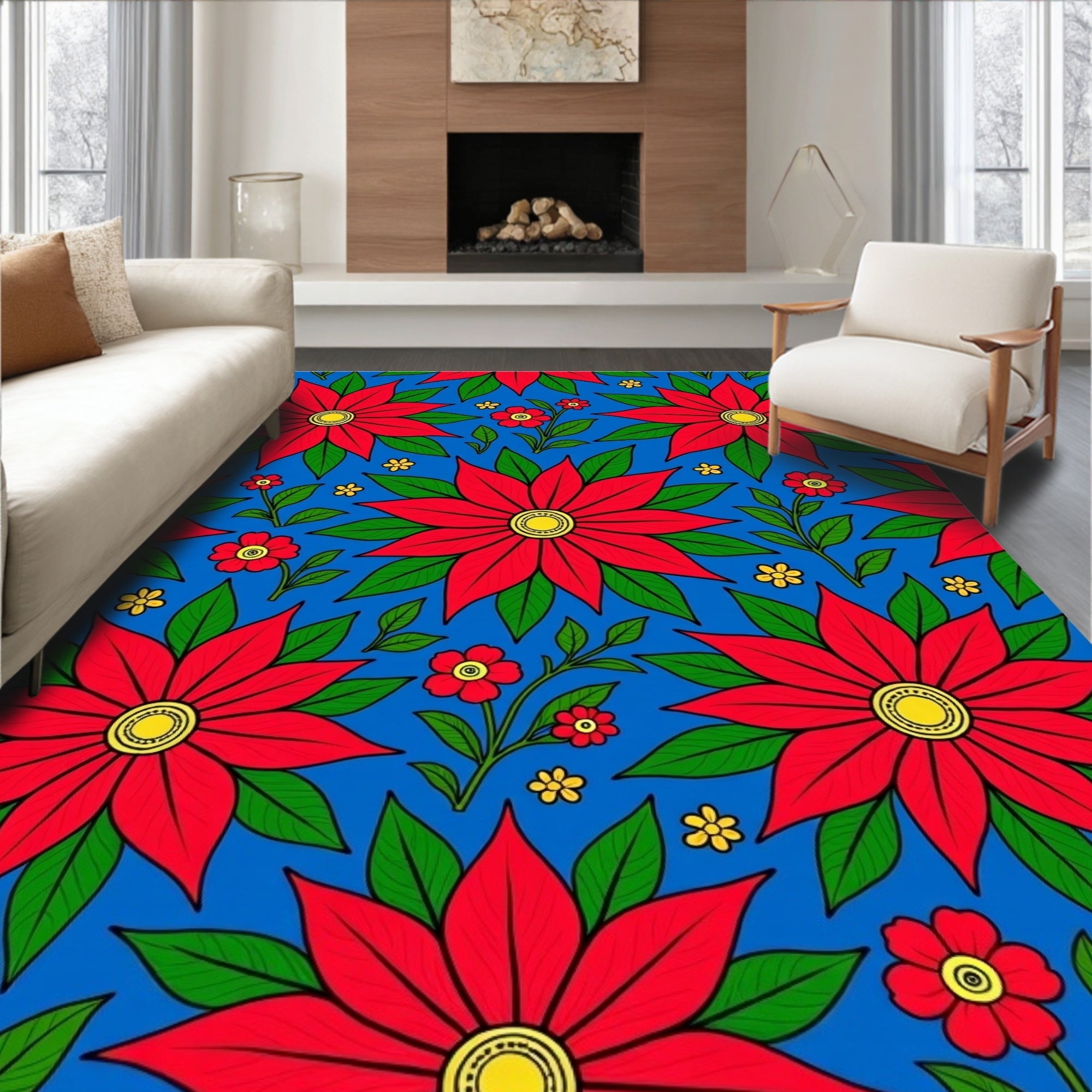 Bold Red Poinsettia Garden Scene Rug
