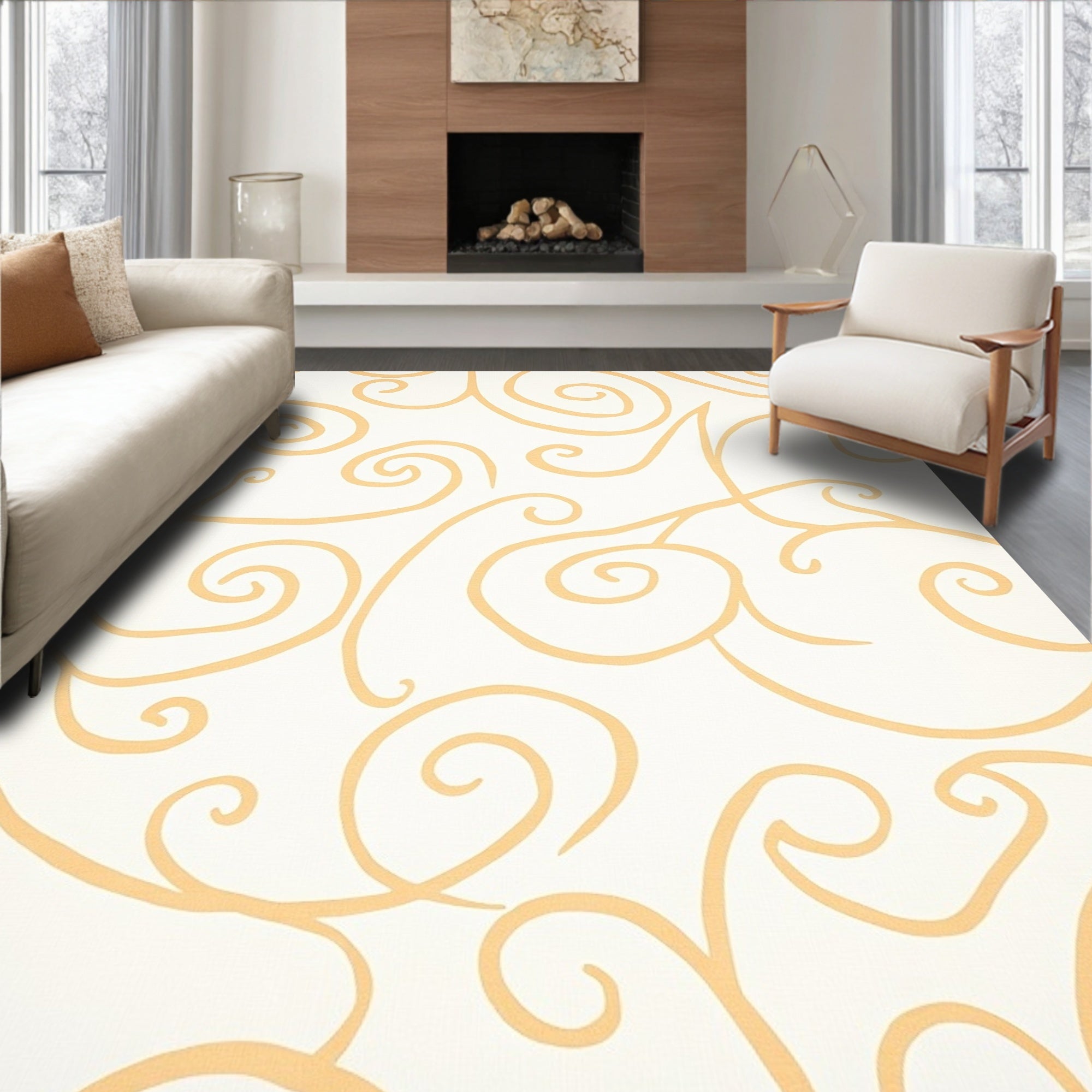 Cream and Gold Swirl Vines Rug
