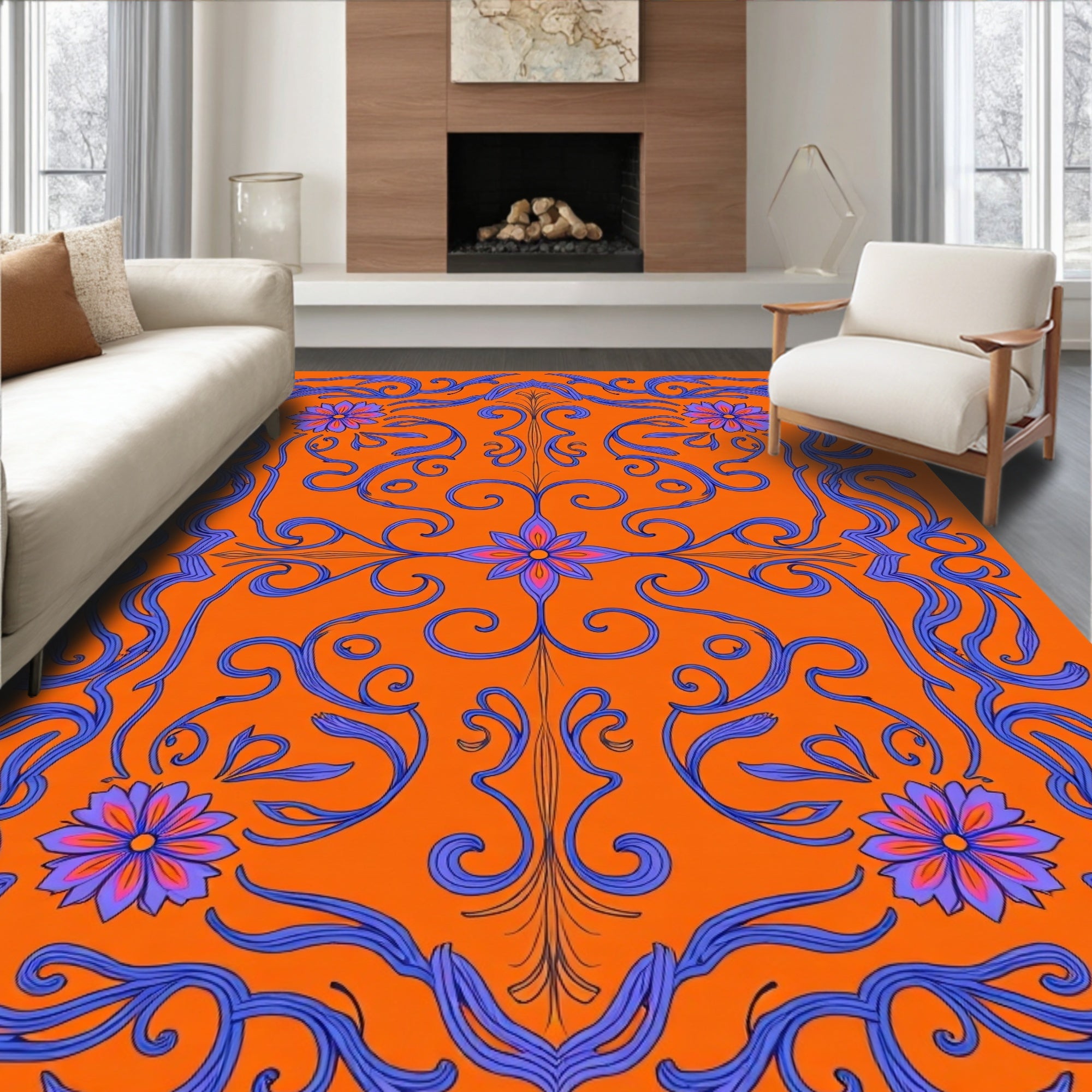 Vibrant Orange Amethyst Floral Scroll Rug