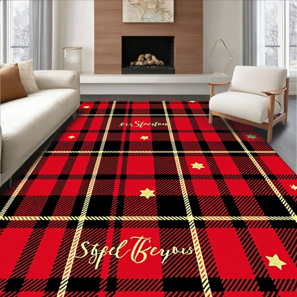 Red Black Gold Plaid Star Rug