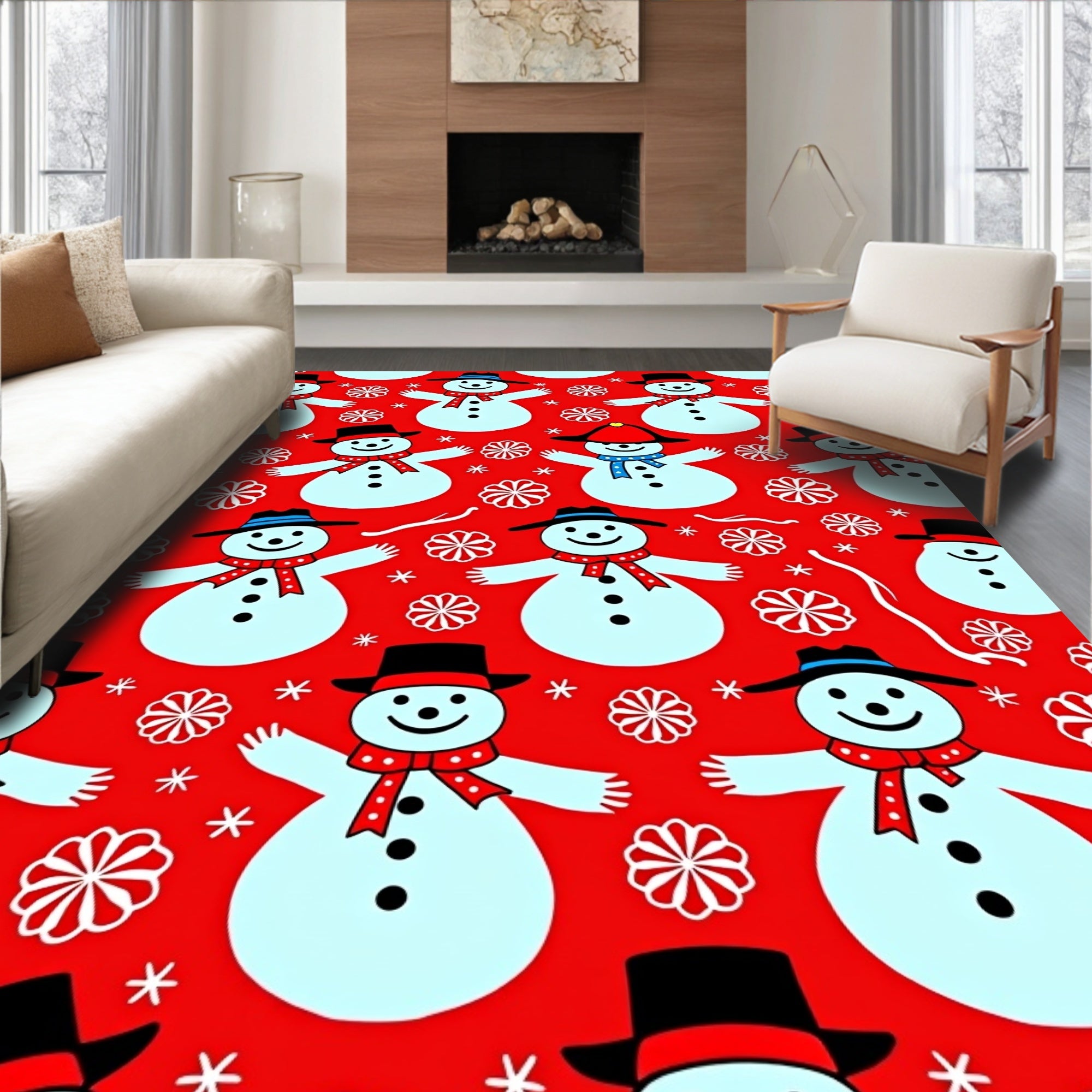 Red Festive Snowman Snowflake Toss Rug