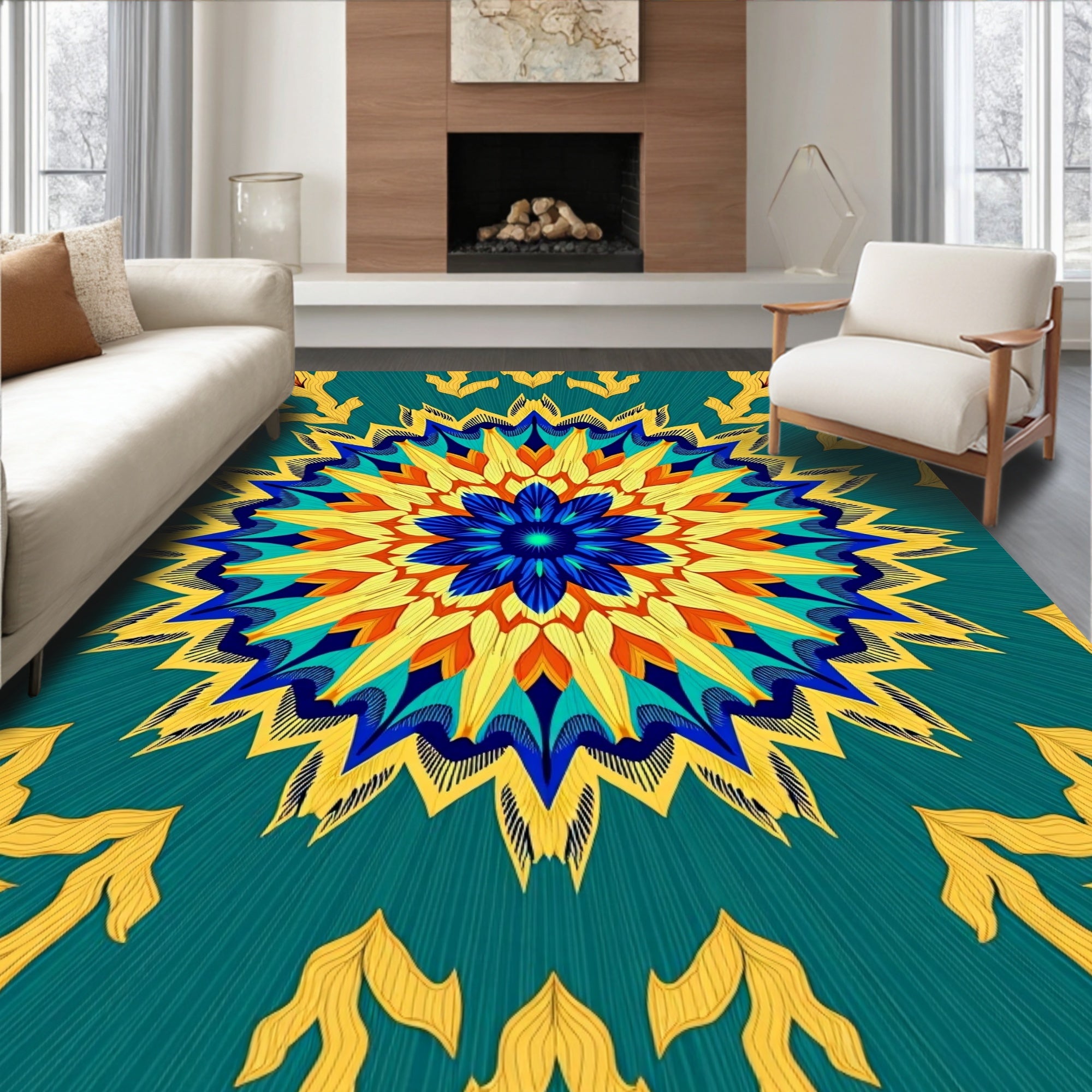 Vibrant Teal Yellow Blue Floral Mandala Rug