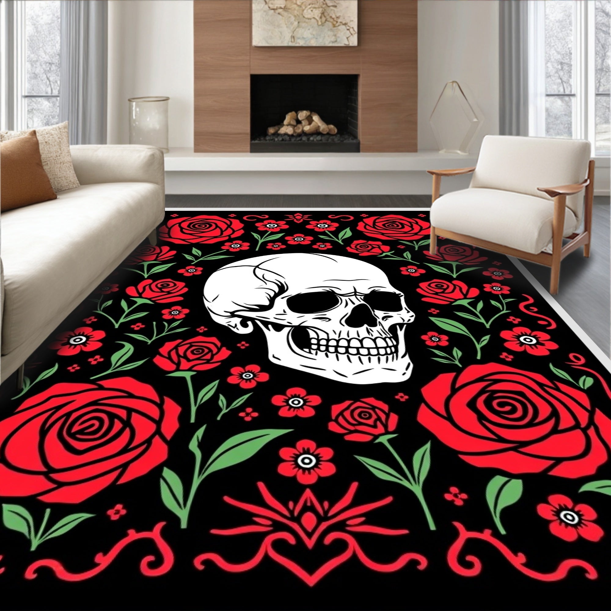 Black Red Rose Skull Garden Rug