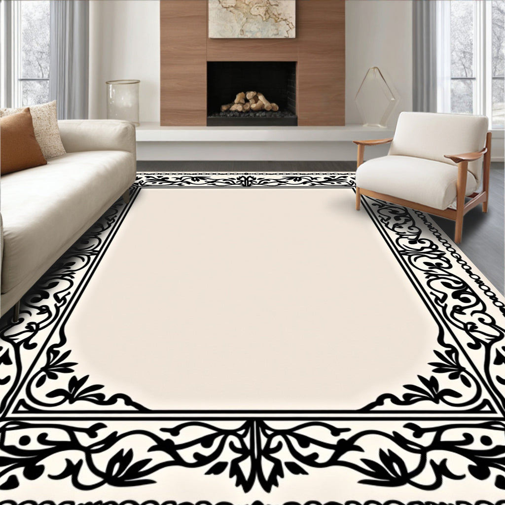 Black Classic Floral Scroll Border Rug