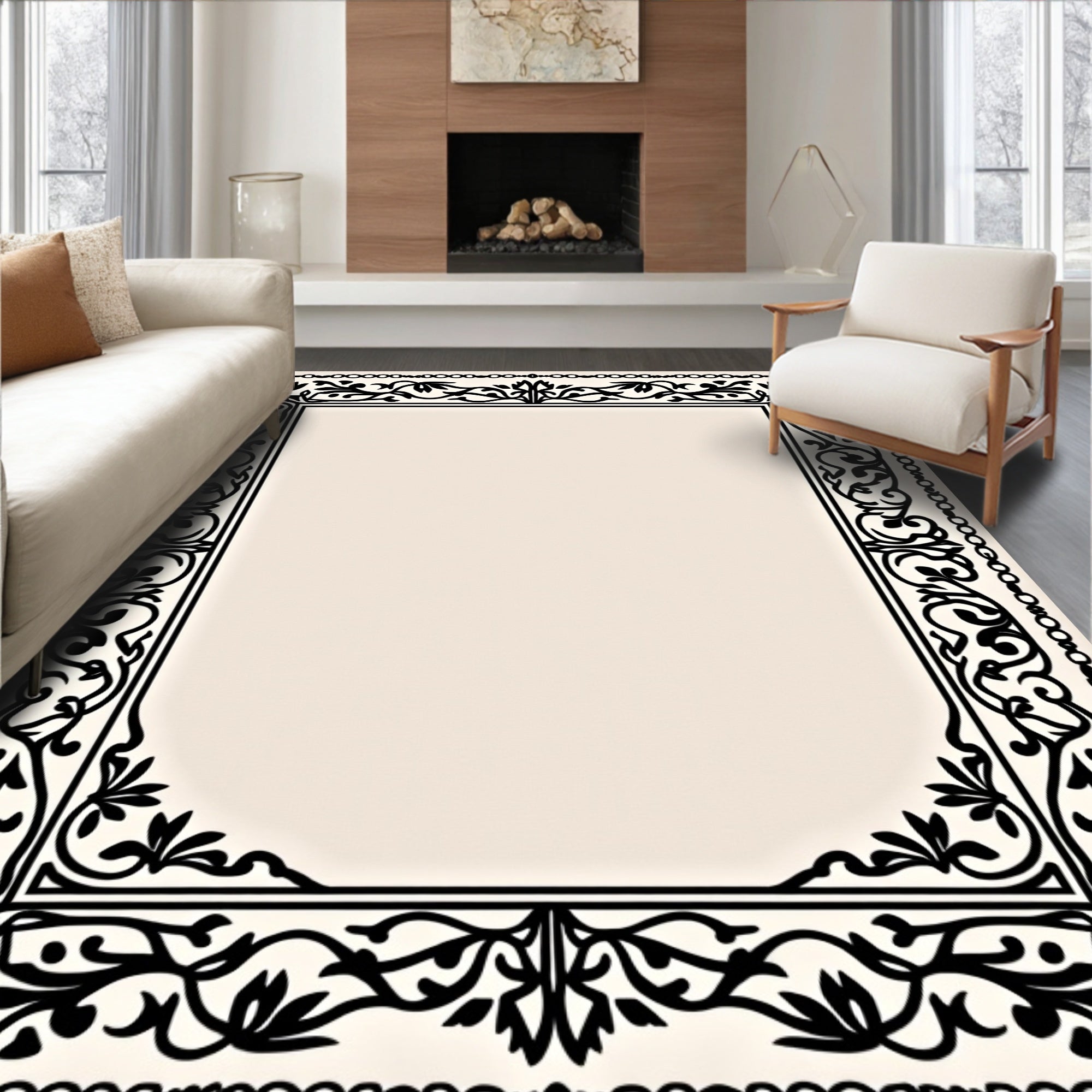 Black Classic Floral Scroll Border Rug