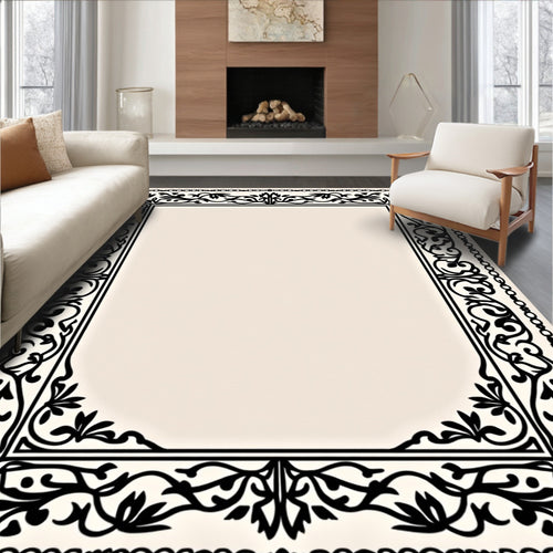 Black Classic Floral Scroll Border Rug