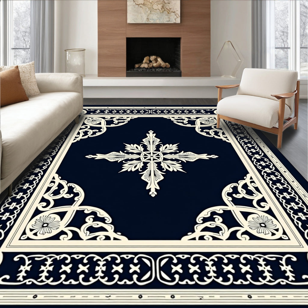 Elegant Ivory Scrollwork Navy Medallion Rug