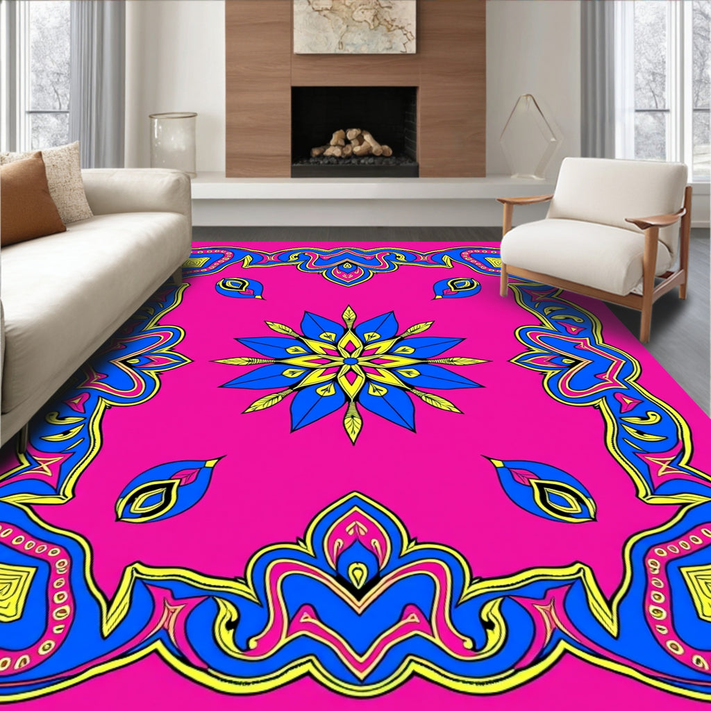Vibrant Blue Yellow Pink Floral Frame Rug
